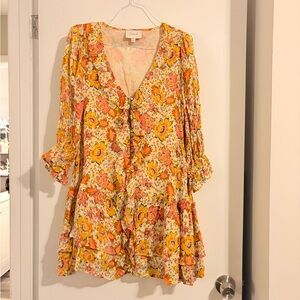 Cleobella L Multicolor Floral Audrey Flowy Ruffled Belted Tiered Mini Dress